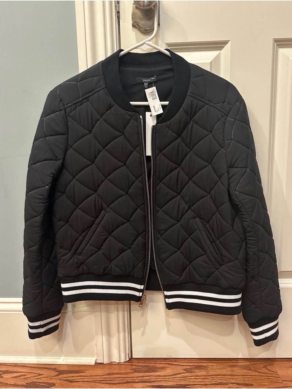 DREW Black Quilted Bomber Jacket with White Stripe Ribbing